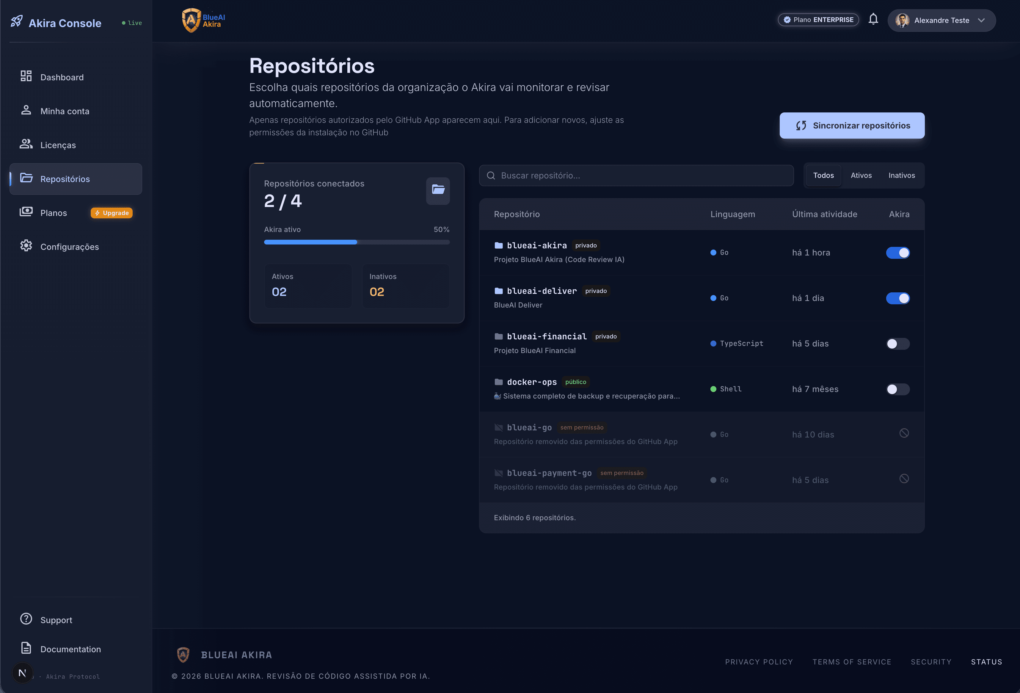 Repositórios conectados ao Akira