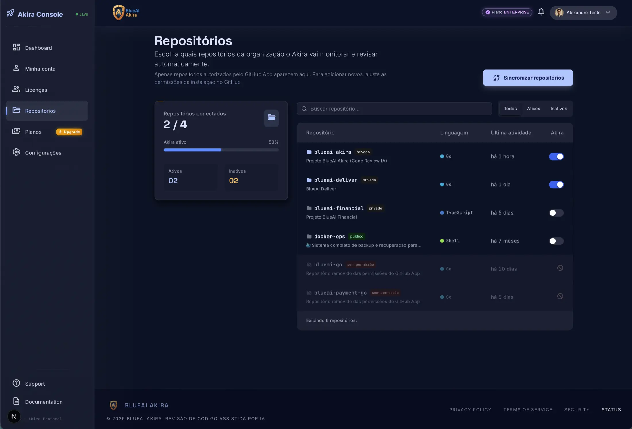 Repositórios conectados ao Akira