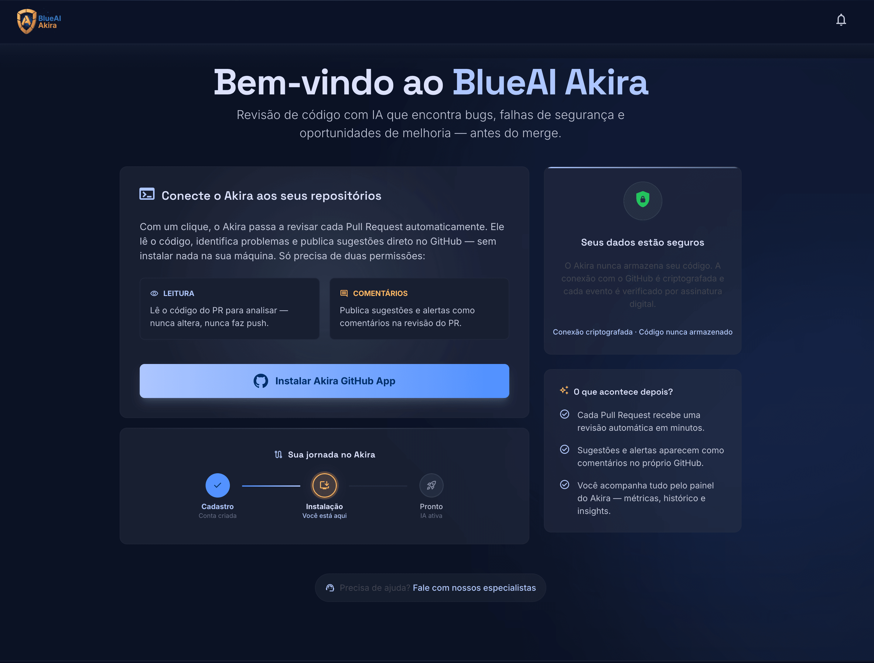 Tela de onboarding do BlueAI Akira — conecte o GitHub em poucos cliques