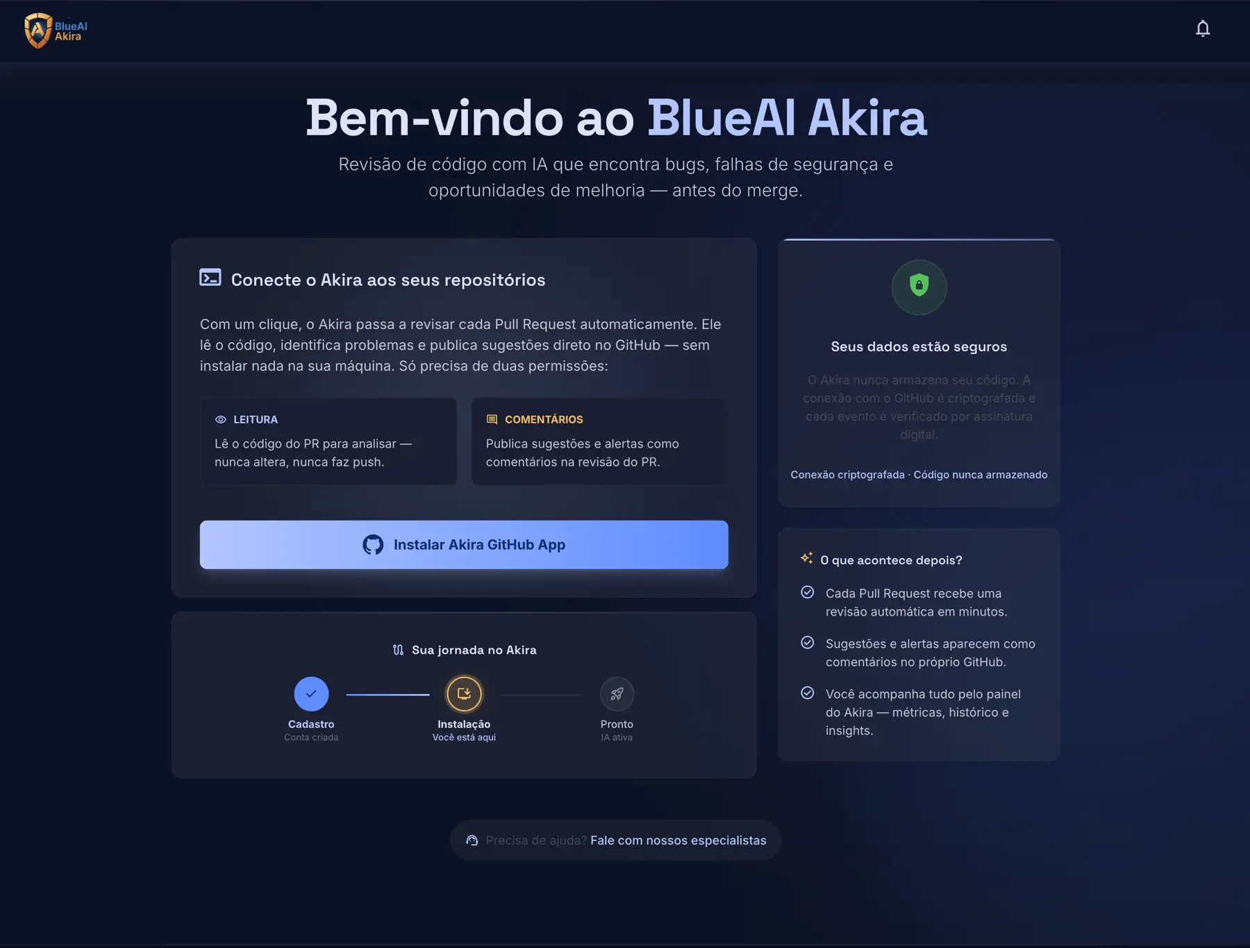 Tela de onboarding do BlueAI Akira — conecte o GitHub em poucos cliques