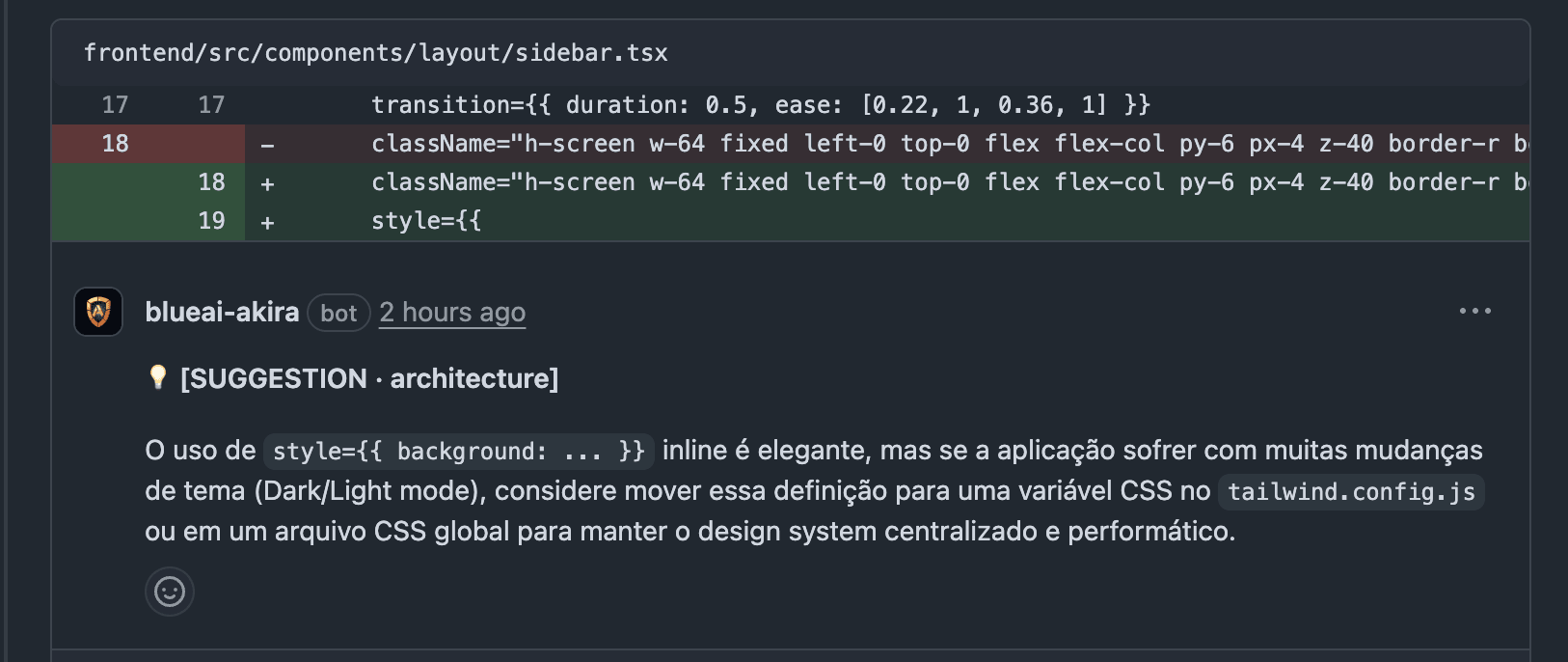 Comentário do BlueAI Akira em PR: sugestão de arquitetura
