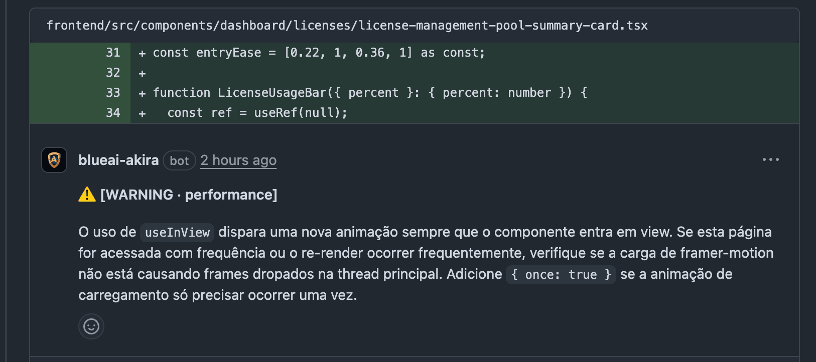 Comentário do BlueAI Akira em PR: aviso de performance